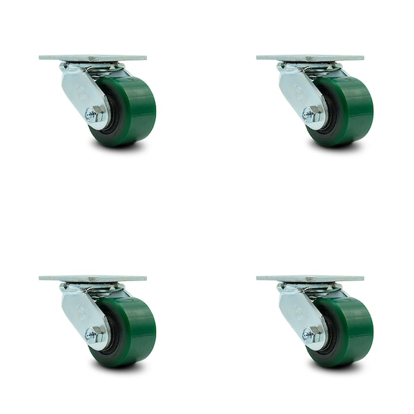 3.25 Inch Green Poly on Cast Iron Wheel Swivel Caster Set with Roller Bearings